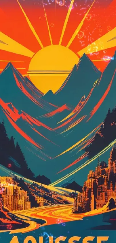 Vibrant mountain sunset wallpaper with warm orange and deep blue hues.