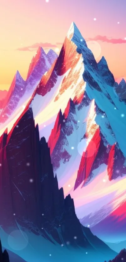 Vibrant mountain sunset with colorful peaks and scenic views in digital art.