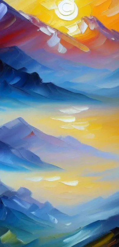 Vibrant painting of a sunset over mountains with blue and orange hues.