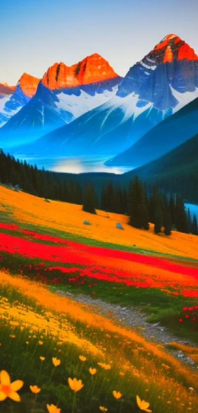 Vibrant sunset over mountains with colorful meadow flowers.