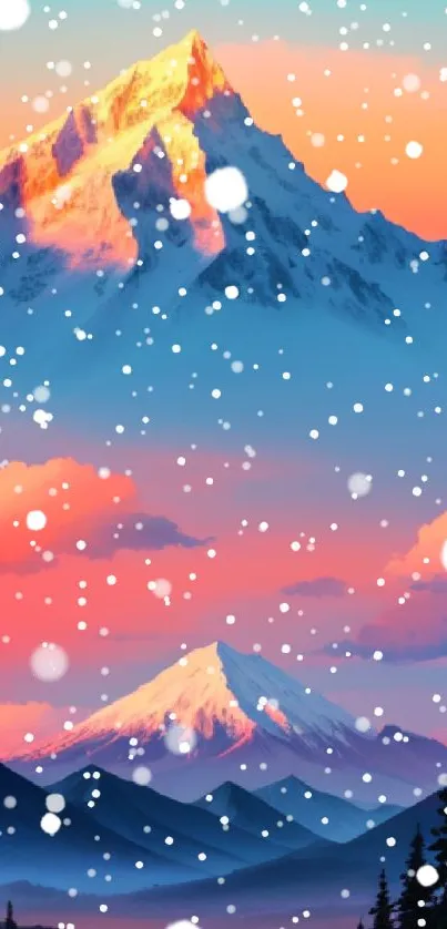 Mountain sunset with vibrant colors and snow-capped peaks on phone wallpaper.