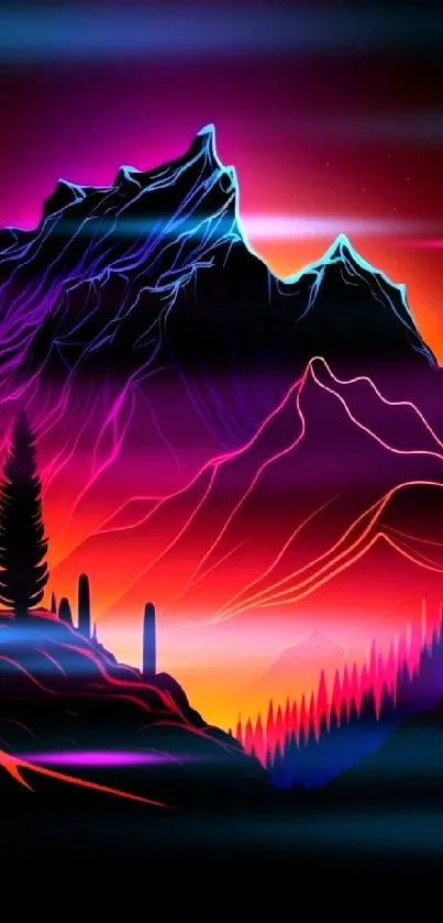 Vibrant neon sunset over mountains with pine trees and colorful sky.