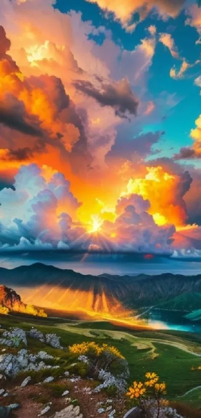 Vibrant sunset over mountains with fiery clouds and lush landscape.