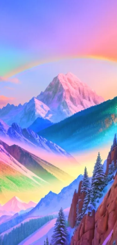 Vibrant mountain sunset with rainbow hues.