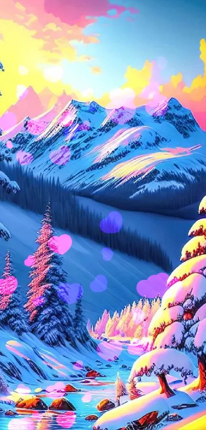 Vibrant mountain sunset with snow-covered peaks and colorful sky.