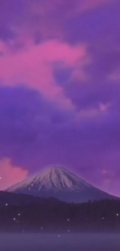 Purple sky over mountain with pink clouds at sunset.