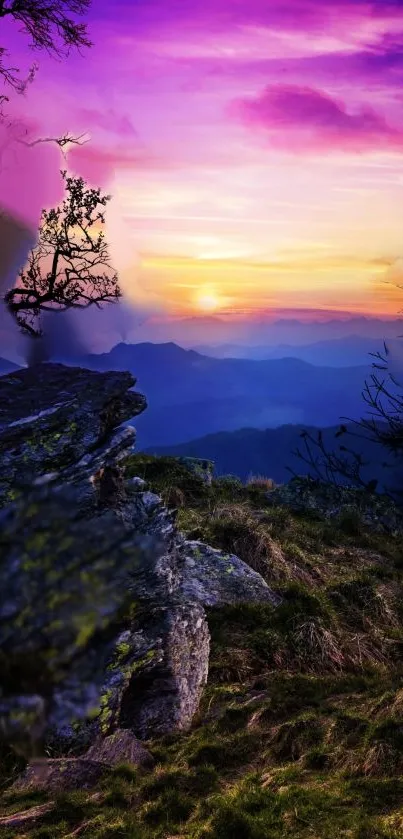 Vibrant sunset over mountain landscape with colorful sky.