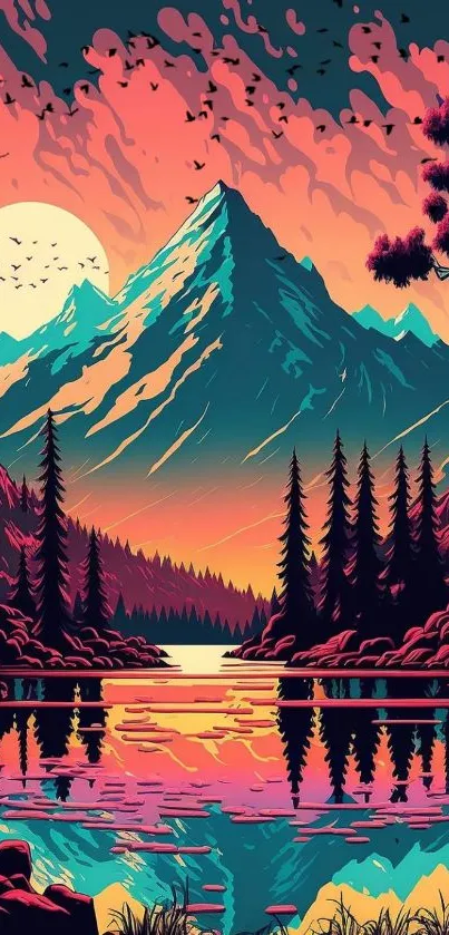 Vibrant sunset over mountains with colorful skies and serene lake reflection.