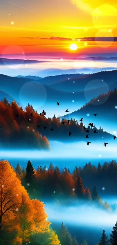 Colorful mountain sunset with autumn trees and clouds.