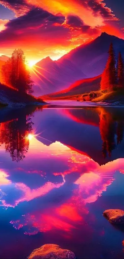 Vibrant sunset over mountains with a colorful reflection.