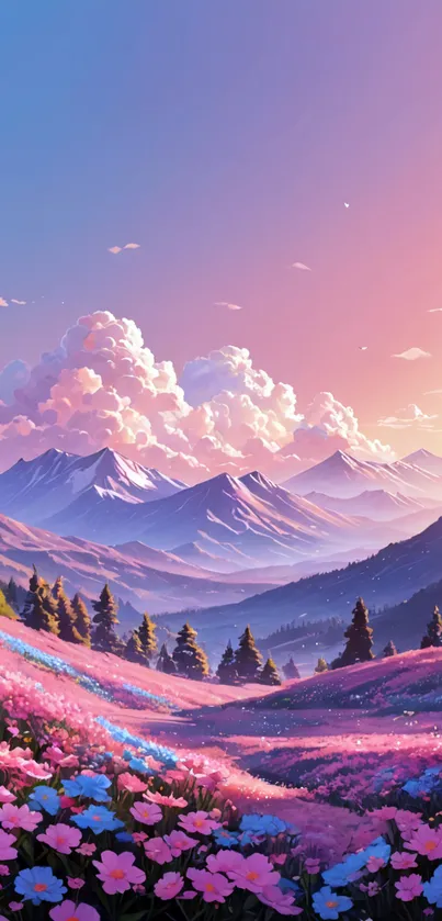 Vibrant mountain sunset with pink flowers and a serene sky.