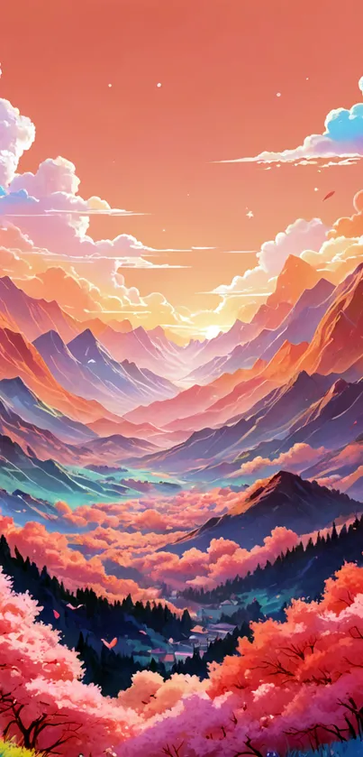 Vibrant sunset over a colorful mountain valley.