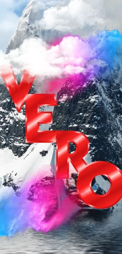 Red VERO text on a vibrant mountain background.