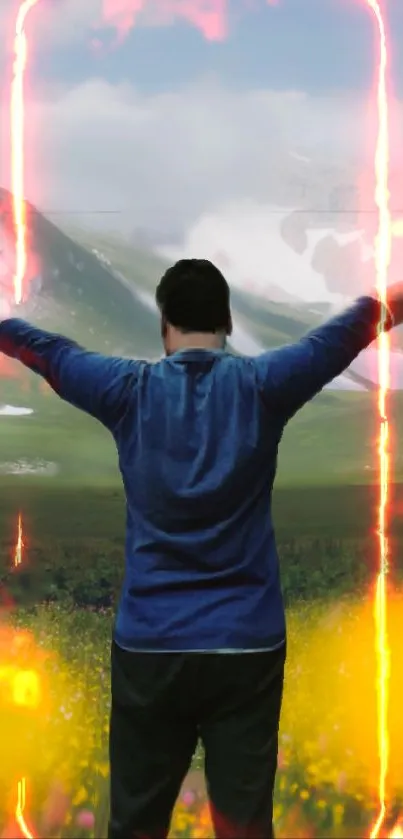 Person with outstretched arms overlooking vibrant mountains on a dynamic wallpaper.