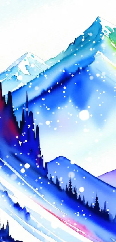 Vibrant watercolor mountain scene with trees and bright hues.