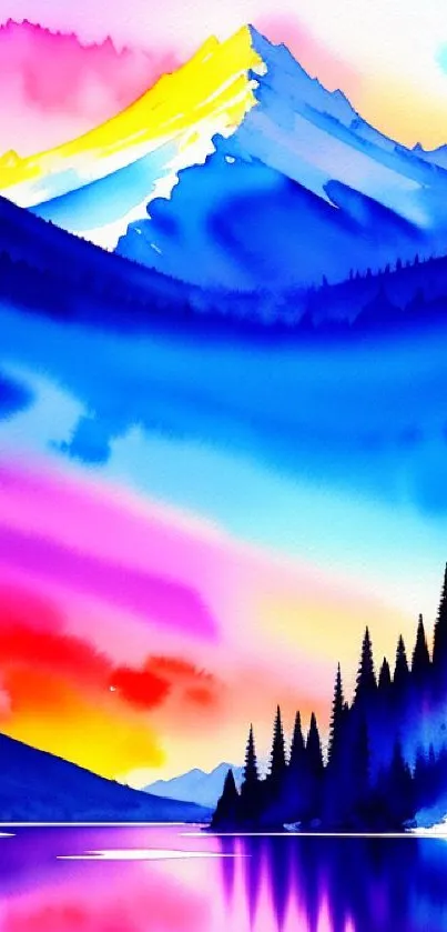 Vibrant watercolor of a mountain landscape with colorful reflections.