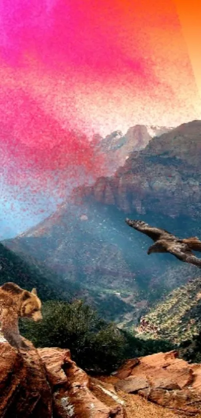 Mountain scene with bear, eagle, and vivid pink-orange sky.