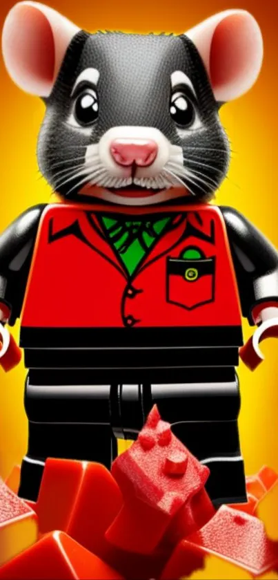 LEGO-style mouse on vibrant orange background with red blocks.