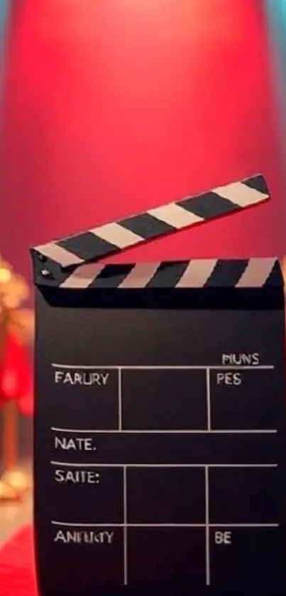 Clapperboard on red carpet backdrop with vibrant lights.
