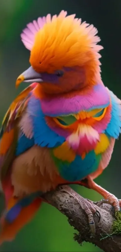 Vibrantly colored bird perched on a branch with a green background.