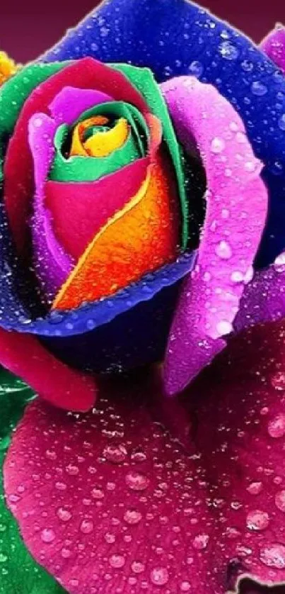 A vibrant, multi-colored rose with water droplets on petals.