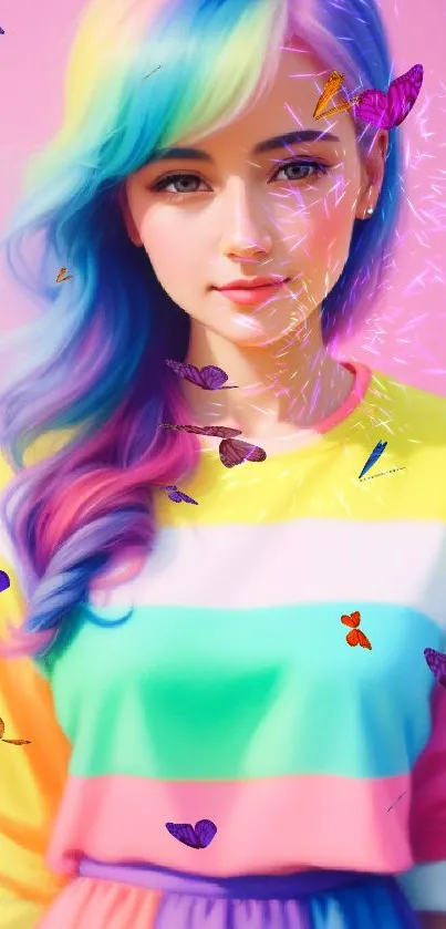 A vibrant art portrait of a girl with rainbow hair against a pink background.