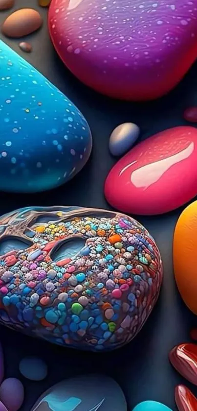 Vibrant multicolor stones art wallpaper with blue and pink hues.