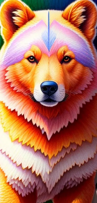 Vibrant multicolor illustrated bear wallpaper with orange, pink, and blue details.