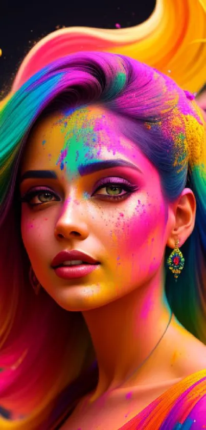 Vibrant multicolor beauty portrait with vivid pink, yellow, and blue accents.
