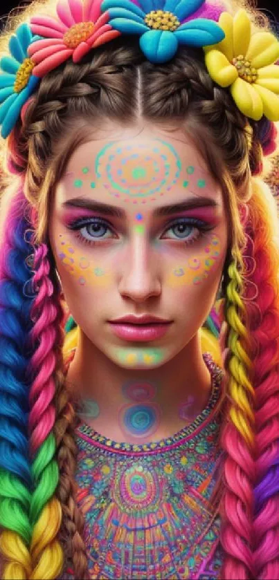 Colorful braided hairstyle with vibrant flowers and psychedelic design.