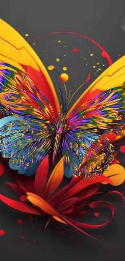 Colorful butterfly with abstract design on dark background.