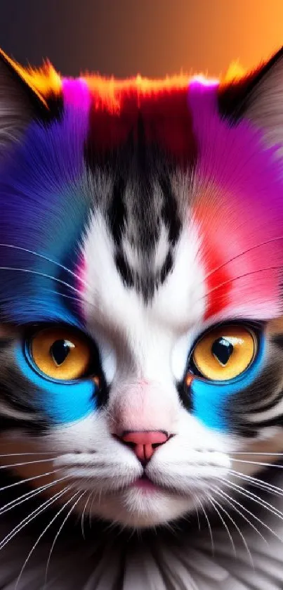 Vibrant multicolor cat portrait with striking eyes.