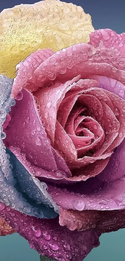 A vibrant multicolor rose with dew drops on petals.