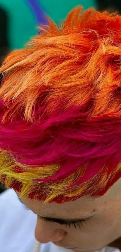 Person with vibrant multicolored hair; orange, red, and yellow hues.