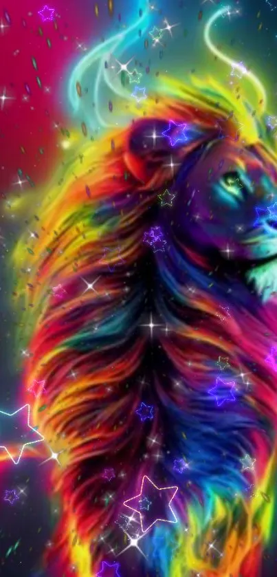 Colorful lion with a starry, rainbow hued cosmic background.