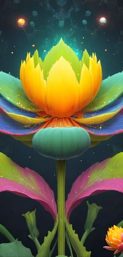 Vibrant multicolored lotus digital wallpaper with cosmic background.