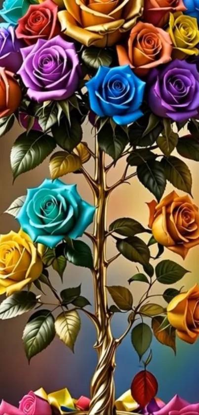 Vibrant multicolor rose bouquet art wallpaper with lush foliage.