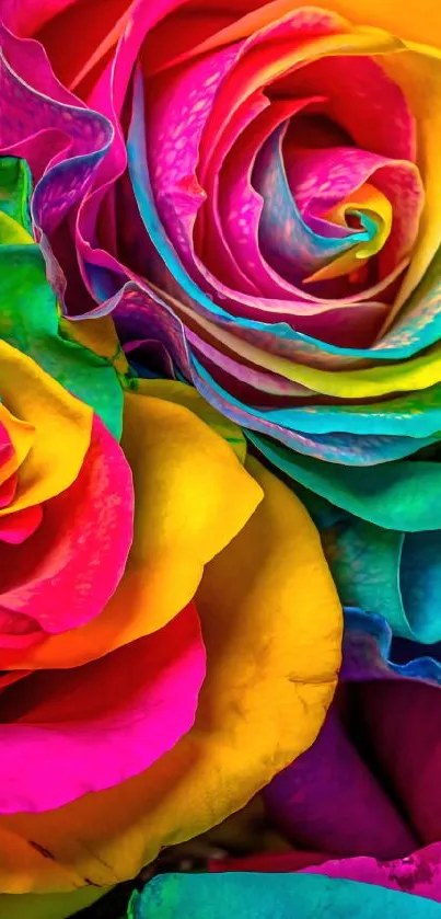 Vibrant multicolor roses showcasing a spectrum of colors in a floral display.