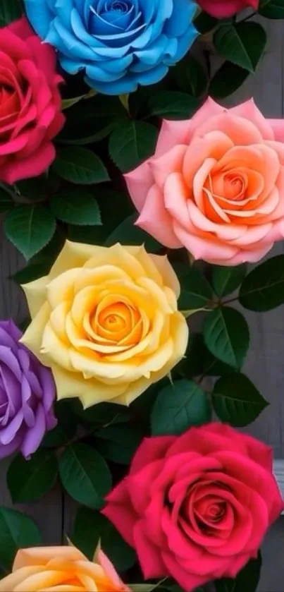 Vibrant roses in a variety of colors on a mobile wallpaper.