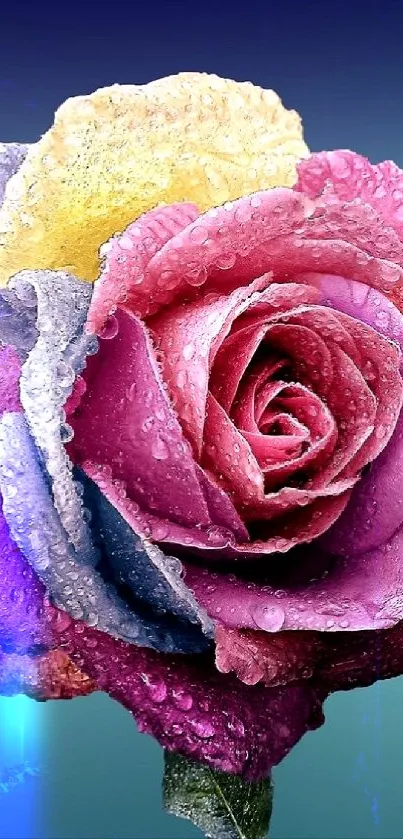 Vibrant multicolored rose with dewdrops on a teal gradient background wallpaper.