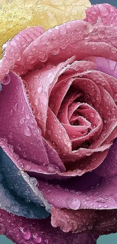 Multicolor rose with dew drops on petals.