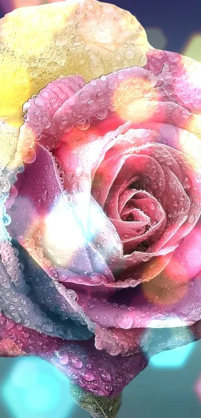 Mobile wallpaper of a vibrant multicolor rose with dew on a gradient background.