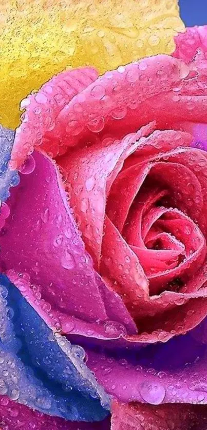 Multicolor rose with water droplets in a vibrant mobile wallpaper.