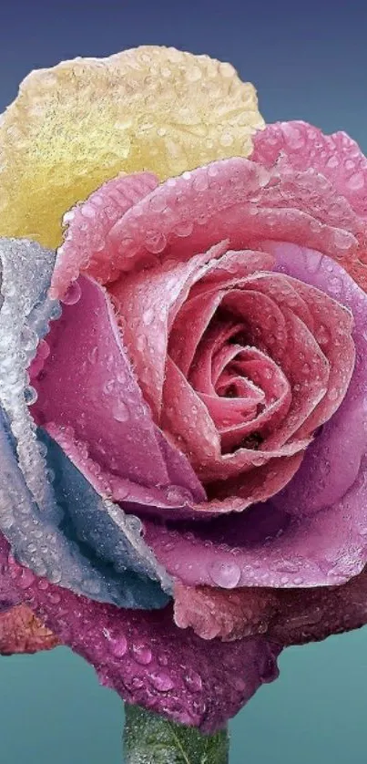 Colorful rose with dewdrops on petals; vibrant phone wallpaper.