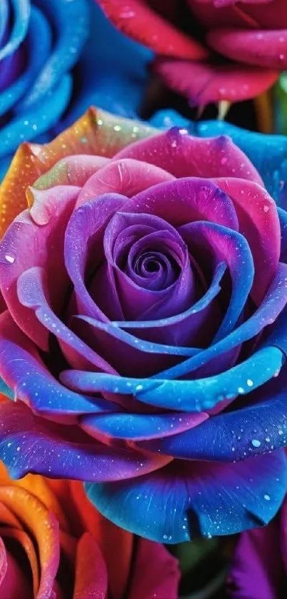 Vibrant multicolor rose with vivid blues and purples on mobile wallpaper.