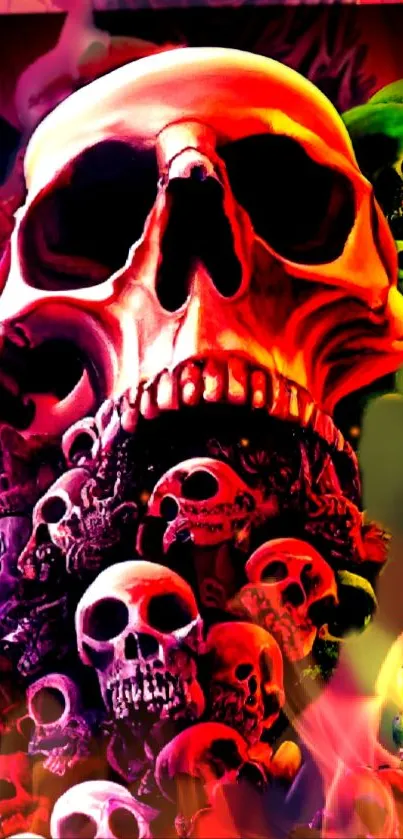 Vibrant skull art with red and green hues.