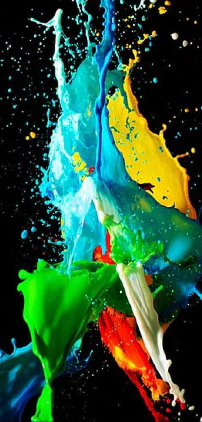 Vibrant mobile wallpaper with multicolor splash art on a black background.