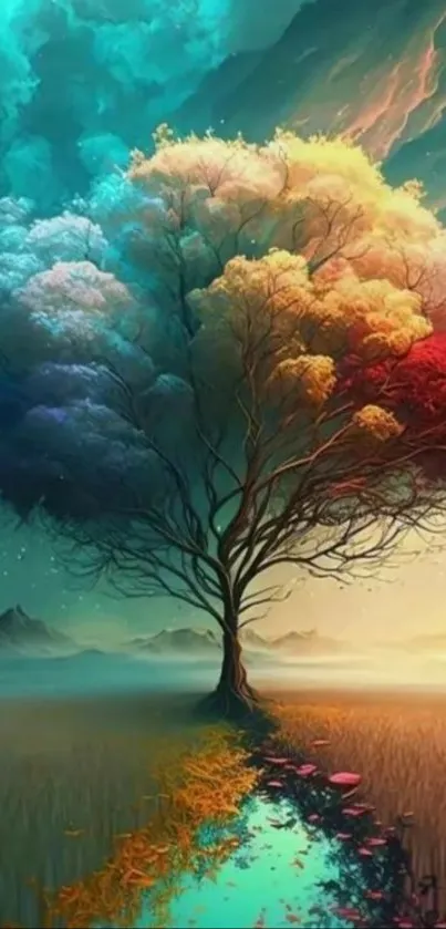 Vibrant multicolor tree with cosmic sky.