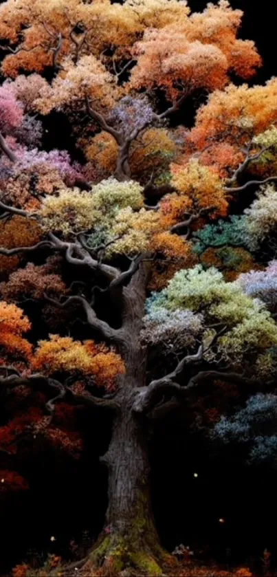 Vibrant multicolor tree with autumn leaves against a black background.