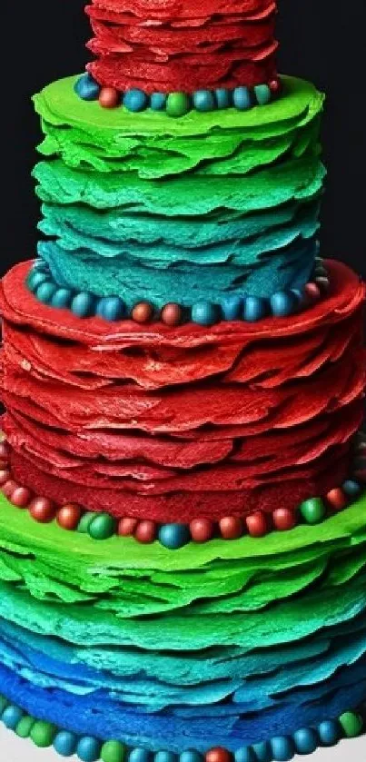 Vibrant cake art with colorful layers and decorations.